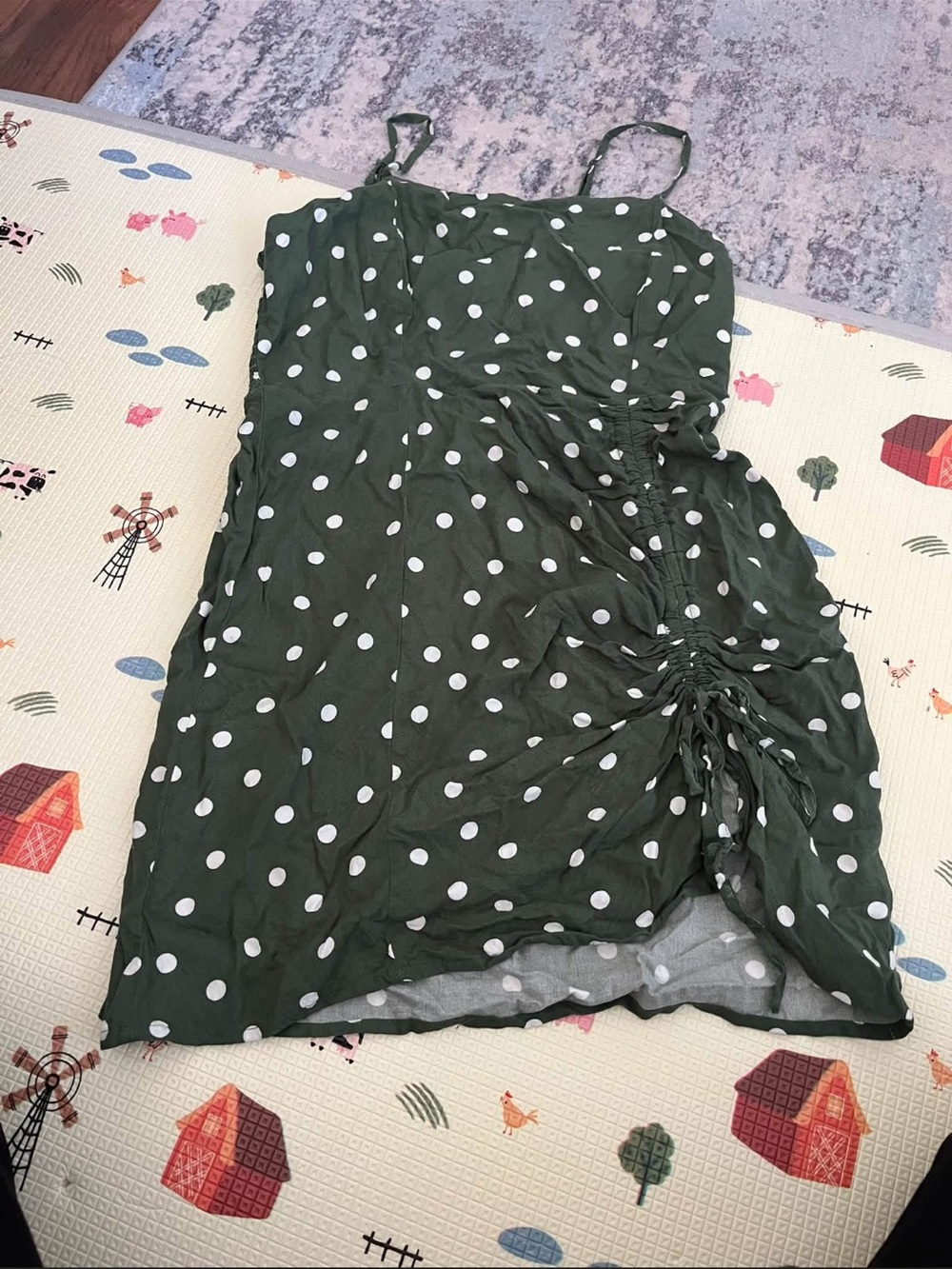 Polka Dot Olive Green Ruched Mini Dress